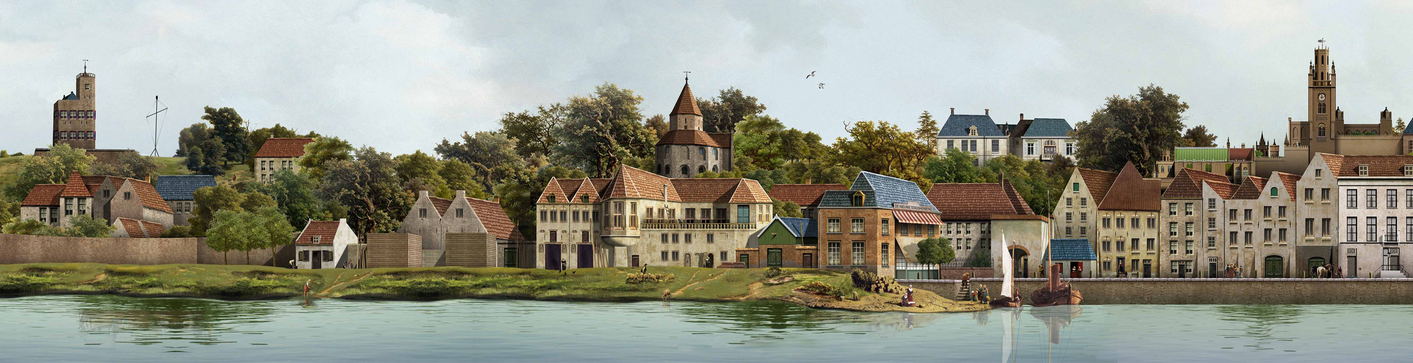 Zicht op de Waalkade anno 1860, Kees Moerbeek