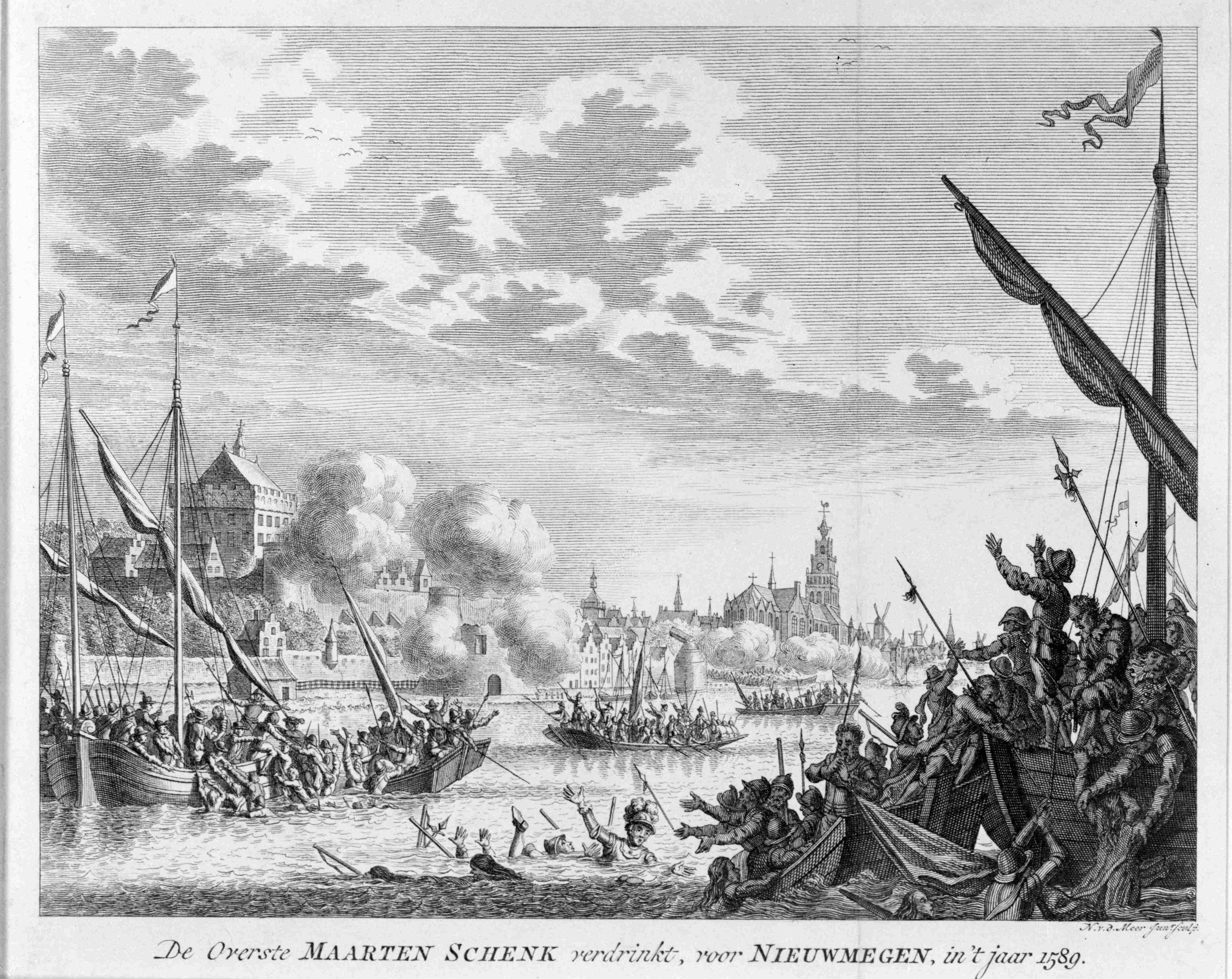 Gravure ter nagedachtenis van de dood van Maarten Schenck. Onderschrift: "De overste Maarten Schenk verdrinkt, voor Nieuwmegen, in 't jaar 1589. Bron: Regionaal Archief Nijmegen