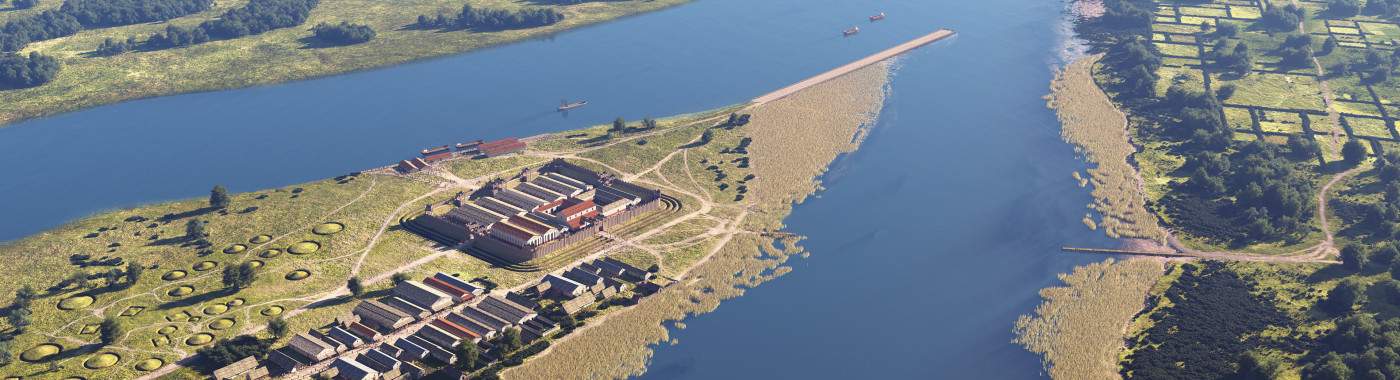 Artist impression: vogevlucht over Drususdam en fort Carvio