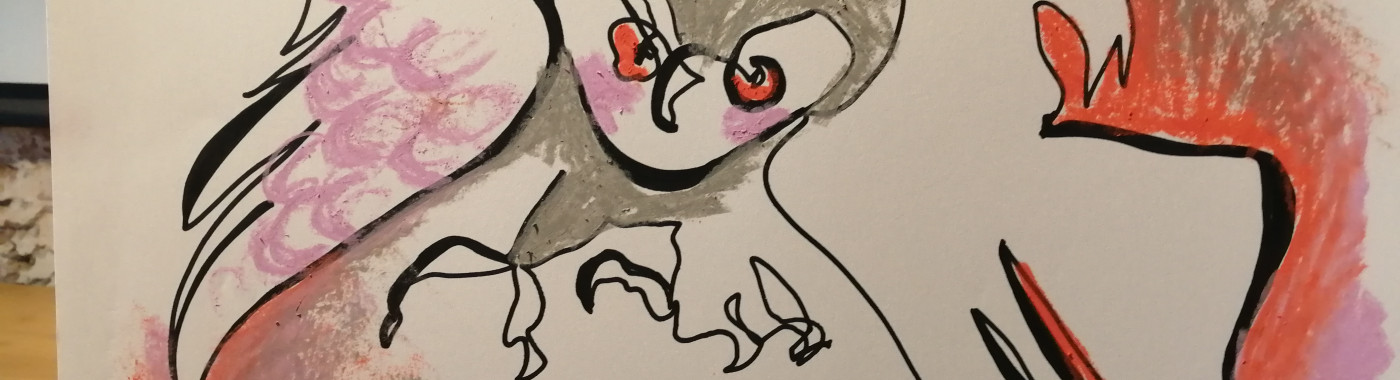Een kunstzinnige tekening van een uil met paarse, roze en oranje accenten. 